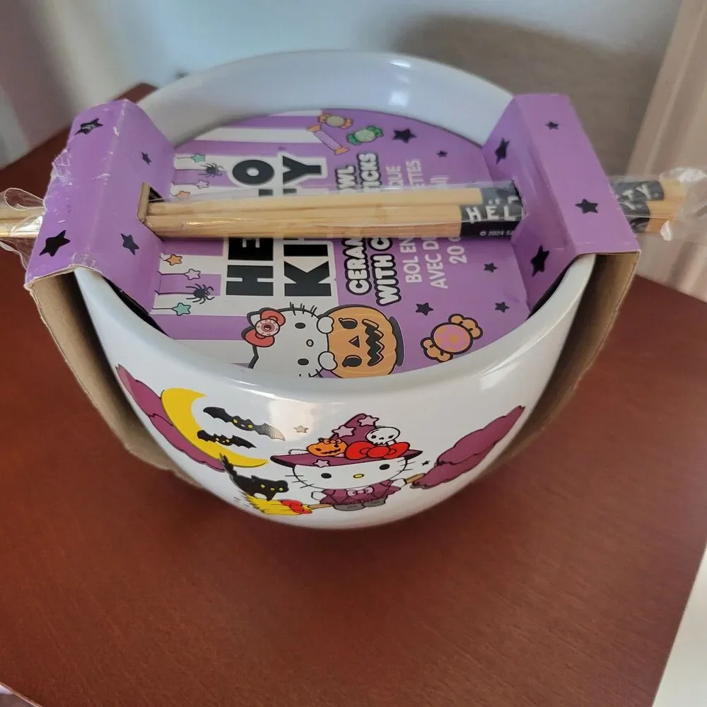 Hello Kitty Fall Halloween Ramen Bowl Pair Chopstick Witch Bats Black Cat Broom